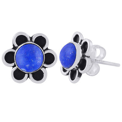 Stunning Oxidised Flower Lapis Round Shape 925 Sterling Solid Silver Stud Earrings - R6100550-6
