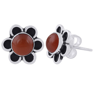 Stunning Oxidised Flower Carnelian Round Shape 925 Sterling Solid Silver Stud Earrings - R6100550-7