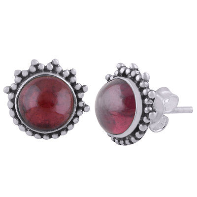 Beautiful Rawa Work Around Garnet Round Shape 925 Sterling Solid Silver Stud Earrings - R6100553-1