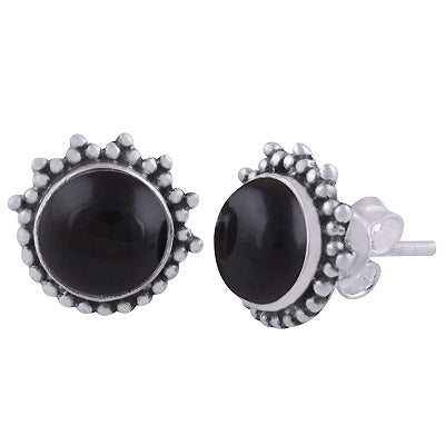 Beautiful Rawa Work Around Black Onyx Round Shape 925 Sterling Solid Silver Stud Earrings - R6100553-10