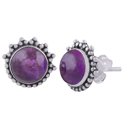Beautiful Rawa Work Around Amethyst Round Shape 925 Sterling Solid Silver Stud Earrings - R6100553-14
