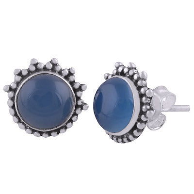 Beautiful Rawa Work Around Blue Chalcedony Round Shape 925 Sterling Solid Silver Stud Earrings - R6100553-15