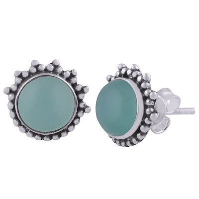 Beautiful Rawa Work Around Aqua Chalcedony Round Shape 925 Sterling Solid Silver Stud Earrings - R6100553-16