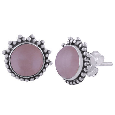 Beautiful Rawa Work Around Rose Quartz Round Shape 925 Sterling Solid Silver Stud Earrings - R6100553-18