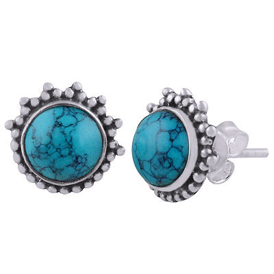 Beautiful Rawa Work Around Turquoise Round Shape 925 Sterling Solid Silver Stud Earrings - R6100553-2
