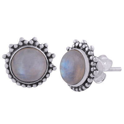 Beautiful Rawa Work Around Rainbow Moonstone Round Shape 925 Sterling Solid Silver Stud Earrings - R6100553-3