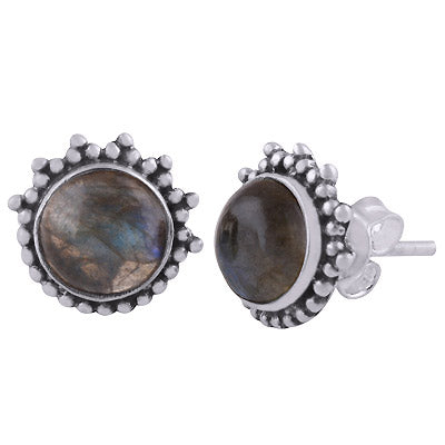 Beautiful Rawa Work Around Labradorite Round Shape 925 Sterling Solid Silver Stud Earrings - R6100553-4