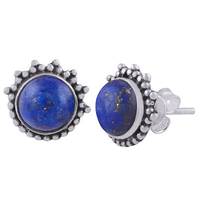 Beautiful Rawa Work Around Lapis Round Shape 925 Sterling Solid Silver Stud Earrings - R6100553-5