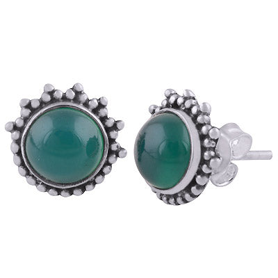 Beautiful Rawa Work Around Green Onyx Round Shape 925 Sterling Solid Silver Stud Earrings - R6100553-7