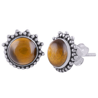 Beautiful Rawa Work Around Tiger's Eye Round Shape 925 Sterling Solid Silver Stud Earrings - R6100553-8