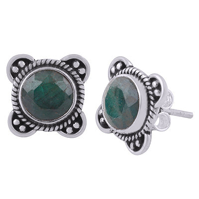925 Sterling Silver Green Corundum Stud Earrings - R6100554-10