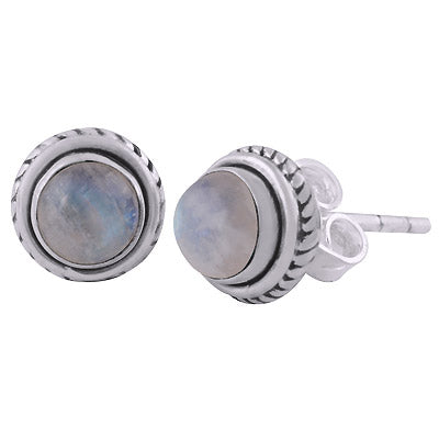 Gorgeous Twisted Wire Work Around Rainbow Moonstone Round Shape 925 Sterling Solid Silver Studs Earrings - R6100561-54