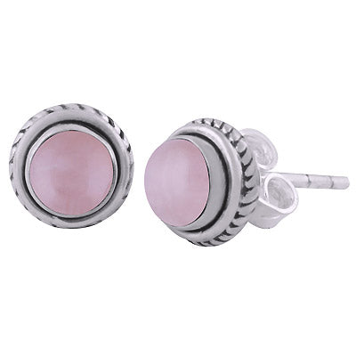 Gorgeous Twisted Wire Work Around Rose Quartz Round Shape 925 Sterling Solid Silver Studs Earrings - R6100561-63