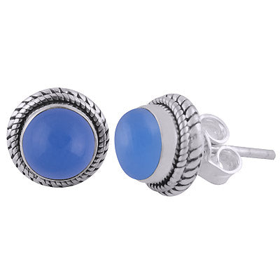Alluring Twisted Wire Work Around Blue Chalcedony Round Shape 925 Sterling Solid Silver Studs Earrings - R6100562-15