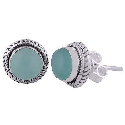 Alluring Twisted Wire Work Around Aqua Chalcedony Round Shape 925 Sterling Solid Silver Studs Earrings - R6100562-16