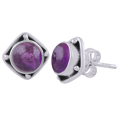 Alluring Oxidised Work Around Amethyst Round Shape 925 Sterling Solid Silver Stud Earrings - R6100563-1