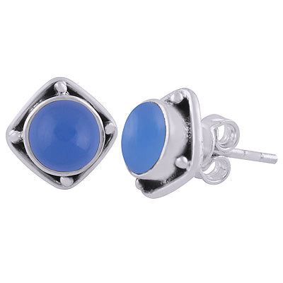 Alluring Oxidised Work Around Blue Chalcedony Round Shape 925 Sterling Solid Silver Stud Earrings - R6100563-13