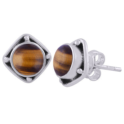 Alluring Oxidised Work Around Tiger's Eye Round Shape 925 Sterling Solid Silver Stud Earrings - R6100563-15