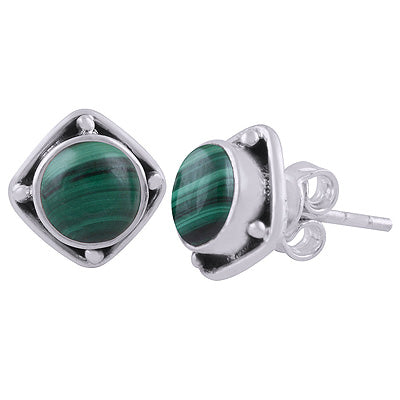 Alluring Oxidised Work Around Malachite Round Shape 925 Sterling Solid Silver Stud Earrings - R6100563-16
