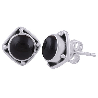 Alluring Oxidised Work Around Black Onyx Round Shape 925 Sterling Solid Silver Stud Earrings - R6100563-18
