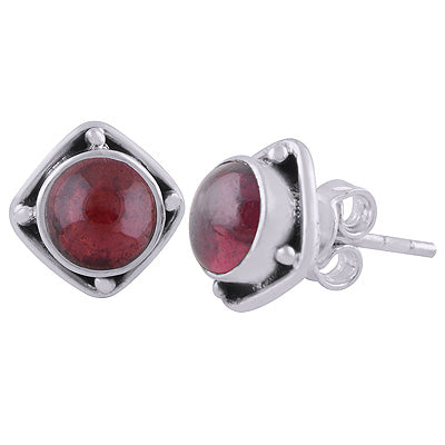 Alluring Oxidised Work Around Garnet Round Shape 925 Sterling Solid Silver Stud Earrings - R6100563-2