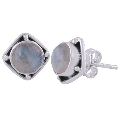 Alluring Oxidised Work Around Rainbow Moonstone Round Shape 925 Sterling Solid Silver Stud Earrings - R6100563-4
