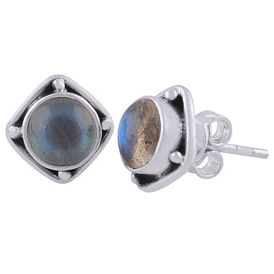 Alluring Oxidised Work Around Labradorite Round Shape 925 Sterling Solid Silver Stud Earrings - R6100563-5