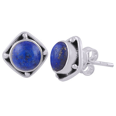 Alluring Oxidised Work Around Lapis Round Shape 925 Sterling Solid Silver Stud Earrings - R6100563-6