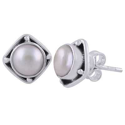 Alluring Oxidised Work Around Pearl Round Shape 925 Sterling Solid Silver Stud Earrings - R6100563-7