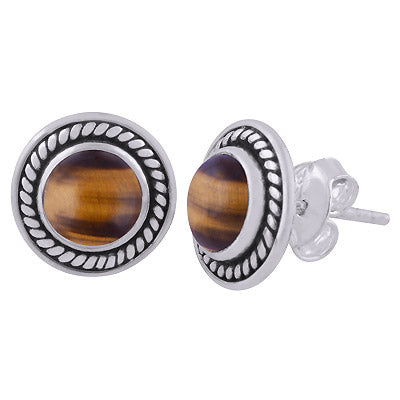 Gorgeous Twisted Wire Work Around Tiger's Eye Round Shape 925 Sterling Solid Silver Studs Earrings - R6100564-17
