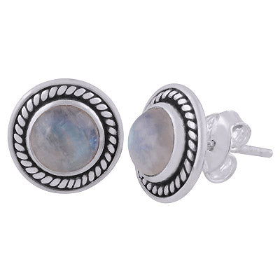 Gorgeous Twisted Wire Work Around Rainbow Moonstone Round Shape 925 Sterling Solid Silver Studs Earrings - R6100564-4