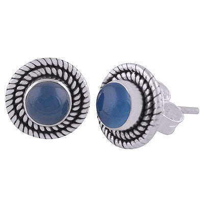 Stunning Twisted Wire Work Around Blue Chalcedony Round Shape 925 Sterling Solid Silver Stud Earrings - R6100565-16