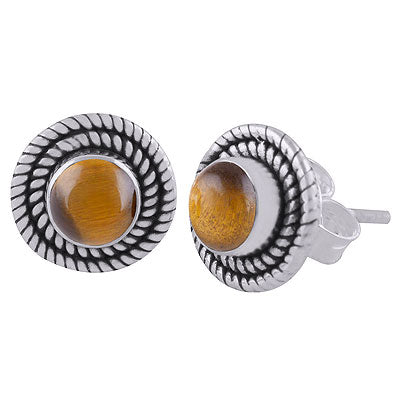 Stunning Twisted Wire Work Around Tiger's Eye Round Shape 925 Sterling Solid Silver Stud Earrings - R6100565-18