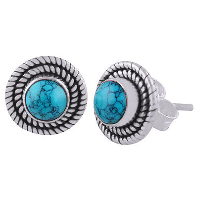 Stunning Twisted Wire Work Around Turquoise Round Shape 925 Sterling Solid Silver Stud Earrings - R6100565-3