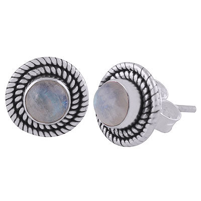 Stunning Twisted Wire Work Around Rainbow Moonstone Round Shape 925 Sterling Solid Silver Stud Earrings - R6100565-4