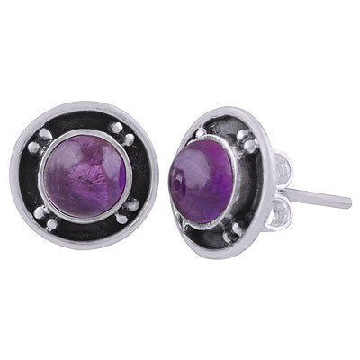 Gorgeous Oxidised Rawa Work Around Amethyst Round Shape 925 Sterling Solid Silver Studs Earrings - R6100567-1