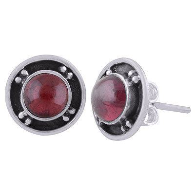 Gorgeous Oxidised Rawa Work Around Garnet Round Shape 925 Sterling Solid Silver Studs Earrings - R6100567-2