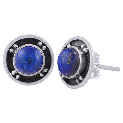 Gorgeous Oxidised Rawa Work Around Lapis Round Shape 925 Sterling Solid Silver Studs Earrings - R6100567-6