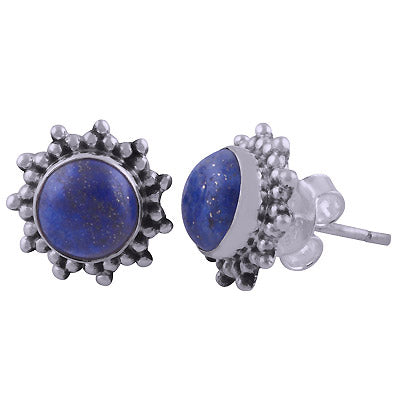 Stunning Rawa Work Around Lapis Round Shape 925 Sterling Solid Silver Stud Earrings - R6100570-6