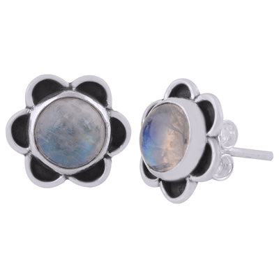 Beautiful Handcrafted Flower Rainbow Moonstone Round Shape 925 Sterling Solid Silver Studs Earrings - R6100573-54