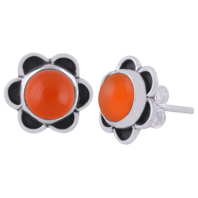 Beautiful Handcrafted Flower Carnelian Round Shape 925 Sterling Solid Silver Studs Earrings - R6100573-57