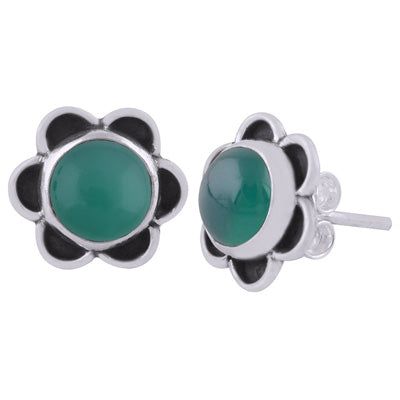 Beautiful Handcrafted Flower Green Onyx Round Shape 925 Sterling Solid Silver Studs Earrings - R6100573-58