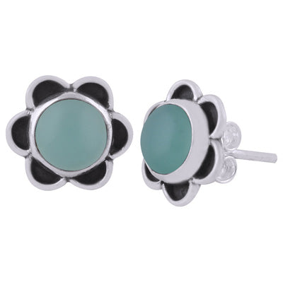 Beautiful Handcrafted Flower Aqua Chalcedony Round Shape 925 Sterling Solid Silver Studs Earrings - R6100573-60