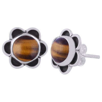 Beautiful Handcrafted Flower Tiger's Eye Round Shape 925 Sterling Solid Silver Studs Earrings - R6100573-61