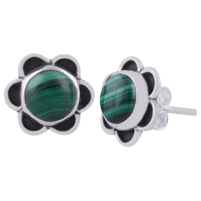 Beautiful Handcrafted Flower Malachite Round Shape 925 Sterling Solid Silver Studs Earrings - R6100573-62