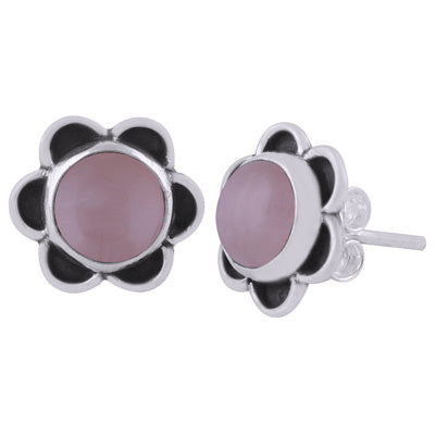 Beautiful Handcrafted Flower Rose Quartz Round Shape 925 Sterling Solid Silver Studs Earrings - R6100573-63