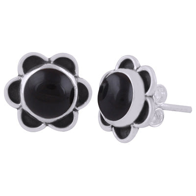 Beautiful Handcrafted Flower Black Onyx Round Shape 925 Sterling Solid Silver Studs Earrings - R6100573-64