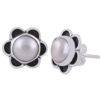 Beautiful Handcrafted Flower Pearl Round Shape 925 Sterling Solid Silver Studs Earrings - R6100573-65