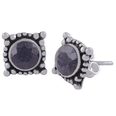 Alluring Rawa Work Around Blue Corundum Round Shape 925 Sterling Solid Silver Studs Earrings - R6100575-10