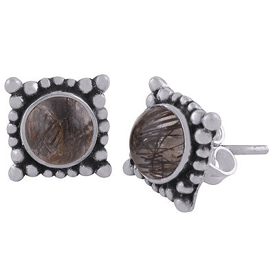 Alluring Rawa Work Around Black Rutile Round Shape 925 Sterling Solid Silver Studs Earrings - R6100575-11